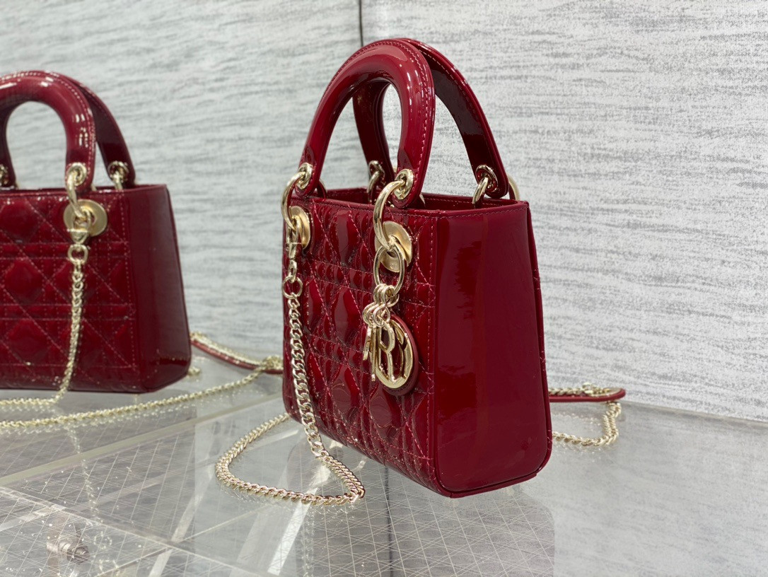 mini lady D*or bag  cherry red patent cannage calfskin 6.5 x 6 x 3 inches