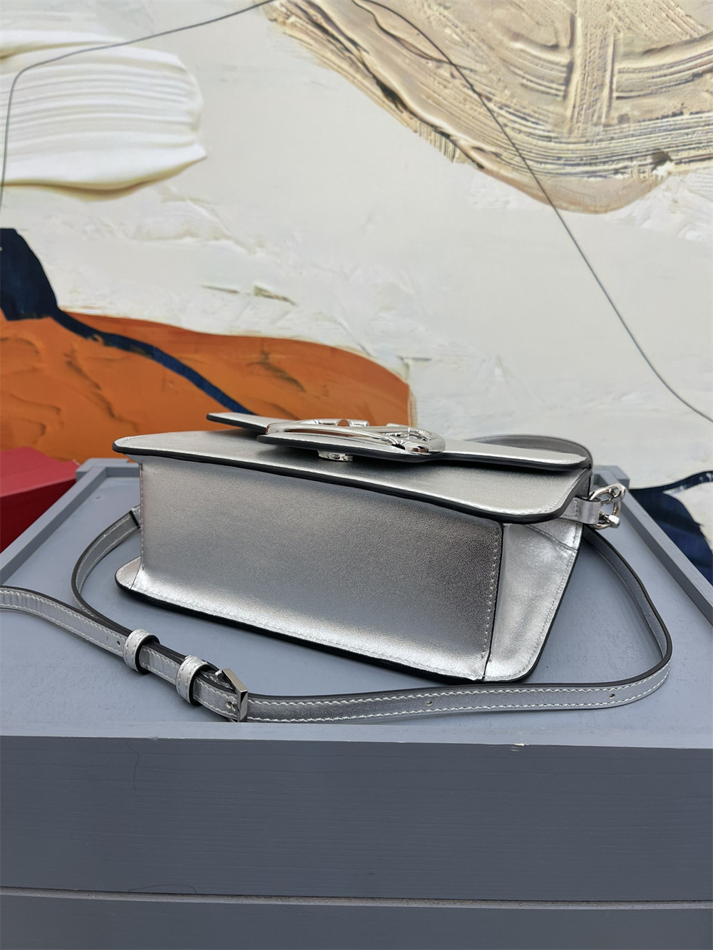 VALENTINO GARAVANI LOCÒ CALFSKIN SHOULDER SMALL BAG SILVER 22 x 16  x 7 cm