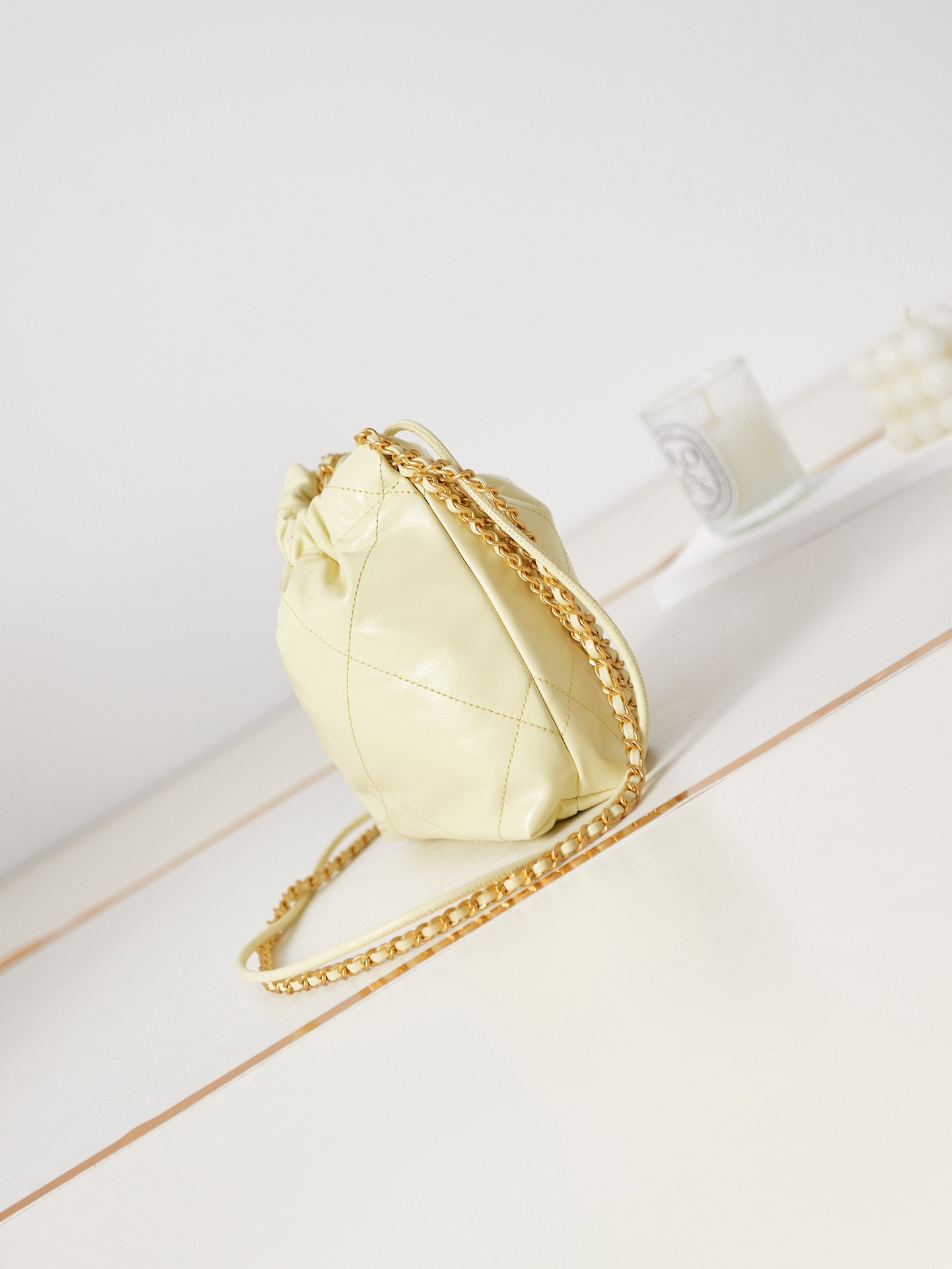 Ch*el 22 mini handbag shiny calfskin yellow 7.8 × 7.4 × 2.3 in