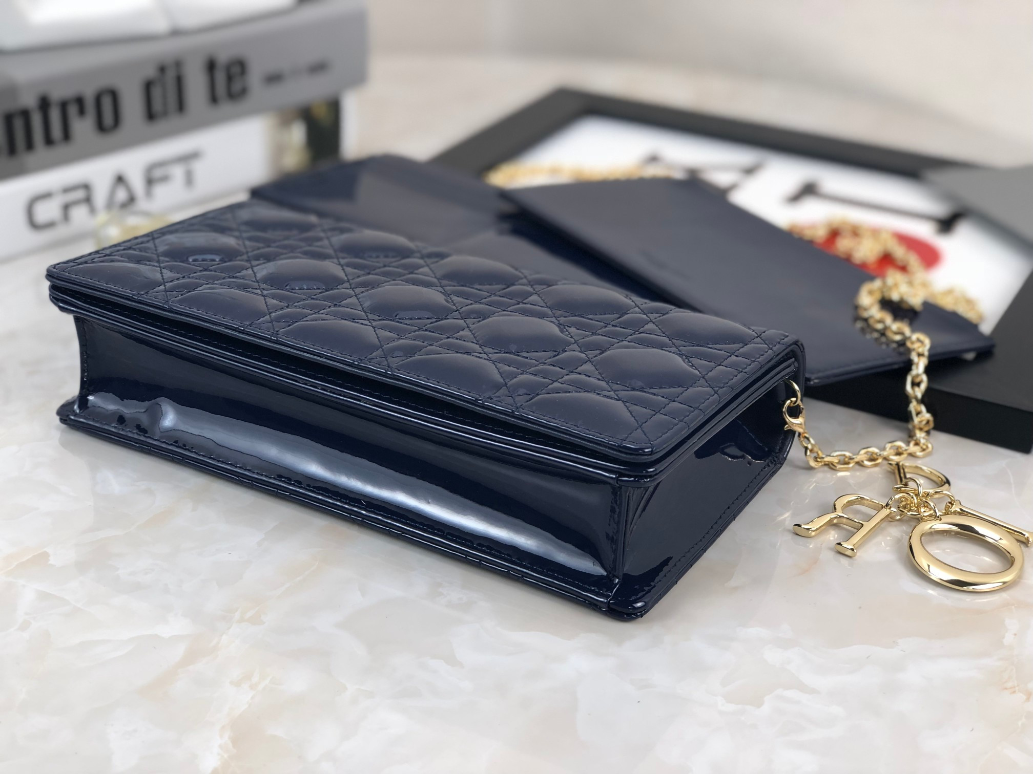 lady D*or pouch navy patent cannage calfskin 8.5 x 4.5 x 1 inches