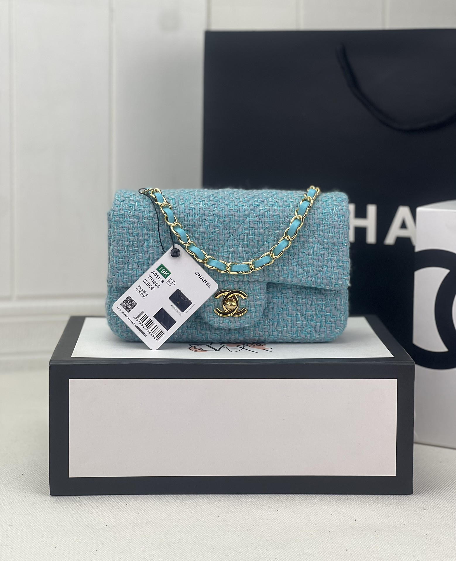 Ch*el mini classic 11.12 handbag tweed & gold-tone metal 4.7 × 7.8 × 2.3 in