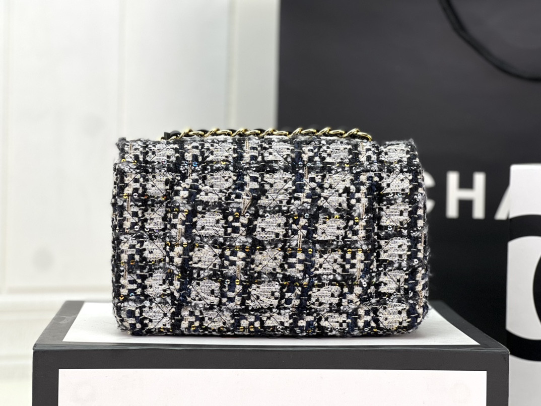 Ch*el mini classic 11.12 handbag tweed & gold-tone metal 4.7 × 7.8 × 2.3 in